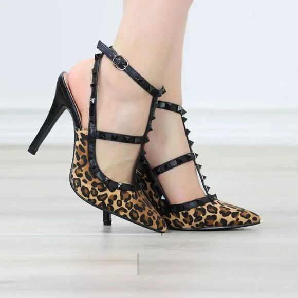 Leopard Rockabilly High Heels Ankle Strap Pointed Toe Studed - Picture 11 of 13